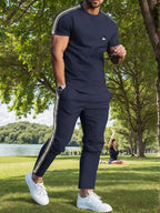Men's Trendy Breathable Striped Short Sleeve Black / Blue Tracksuit