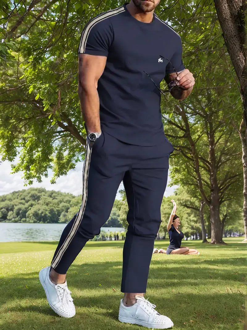 Men's Trendy Breathable Striped Short Sleeve Black / Blue Tracksuit