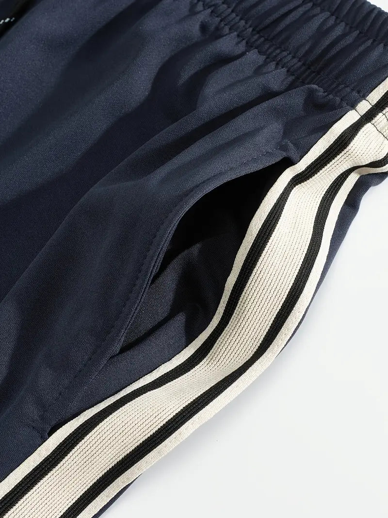 Men's Trendy Breathable Striped Short Sleeve Black / Blue Tracksuit